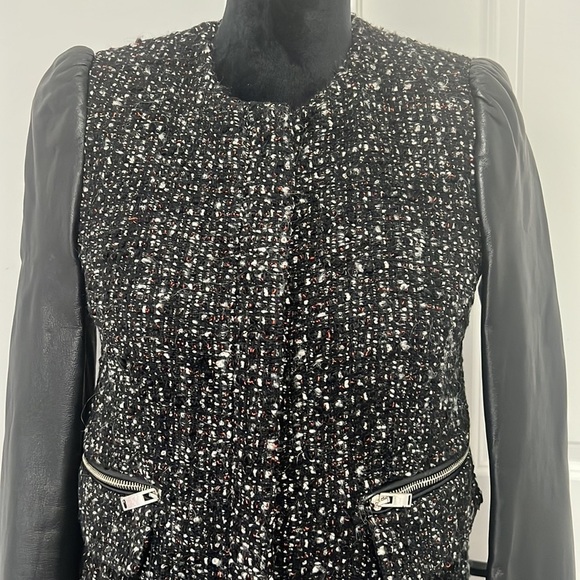 Zara Woman Bouclé Black Leather Sleeved Fully lined Coat Jacket - Size X-Small - Picture 4 of 12